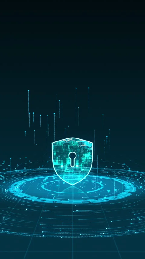 Blue security shield logo with particle ring circle with ai technology icon Stock Footage 285871648