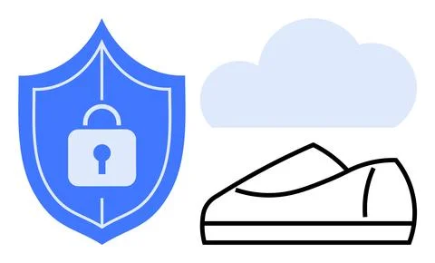 Blue security shield with padlock, light blue cloud, and black outlined shoe. Illustrazione stock