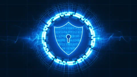 Blue security shield with rotation circle technology abstract background Stock Footage 141099098
