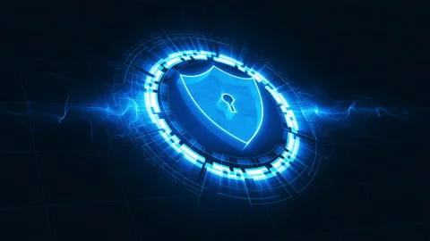 Blue security shield with rotation circle technology abstract background Stock Footage 141099155