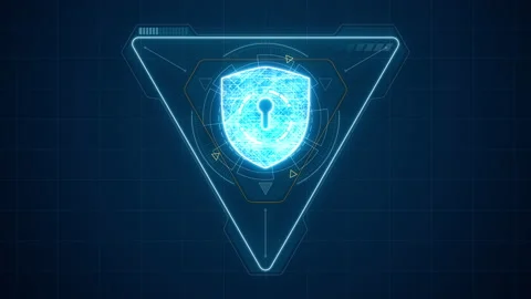 Blue Security shield with triangle and circle rotation with HUD UI technology Stock Footage 201428525