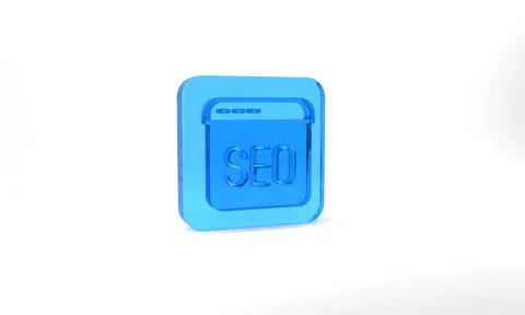 Blue SEO optimization icon isolated on grey background. Glass square button. 3d Stock Illustration