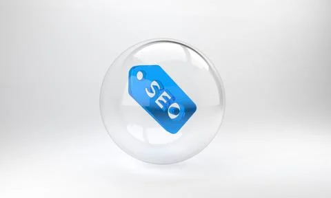 Blue SEO optimization icon isolated on grey background. Glass circle button.  Stock Illustration