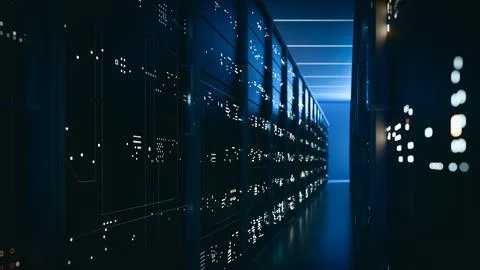 Blue Server Racks Along Dark Data Center Aisle 库存照片