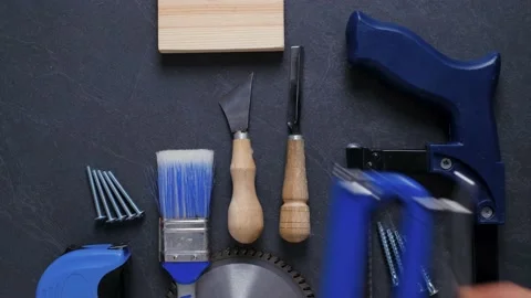 Blue set of work construction tools on the table Stock Footage 143272306