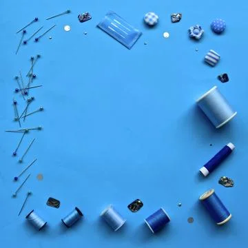 Blue sewing flatlay. Stock Photos