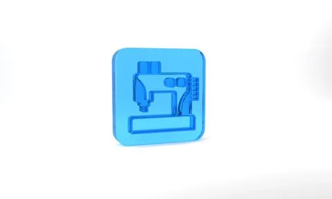 Blue Sewing machine icon isolated on grey background. Glass square button. 3d 스톡 일러스트