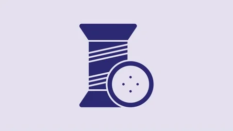 Blue Sewing thread on spool and button icon isolated on purple background. Yarn Stock Footage 232796369