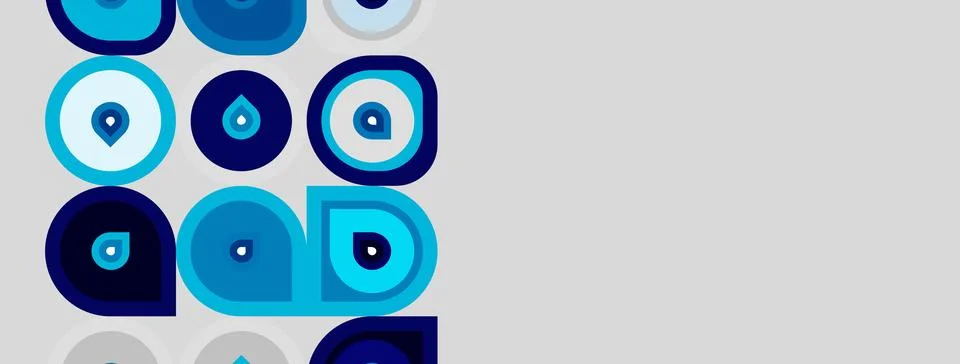 Blue shapes, circles, squares, patterns repeat. Minimalist design, light gray Stock Illustration