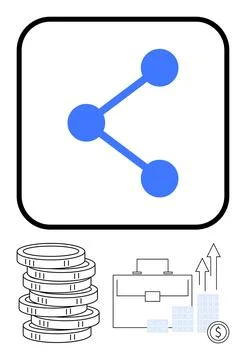 Blue share icon connecting three nodes, stacked coins, briefcase, buildings,  Ilustración de archivo