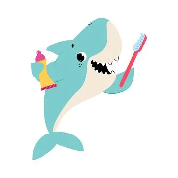 Blue Shark Character Brushing Teeth with Toothbrush as Hygiene Vector Stock Illustration