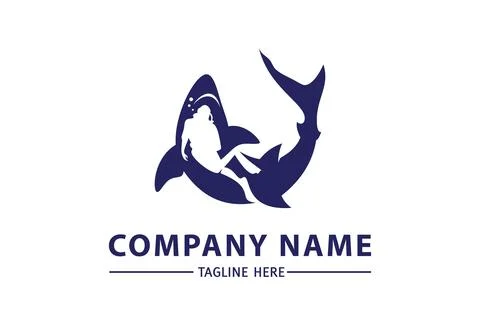 Blue Shark Negative Scuba Diving Logo Design	 Stock Illustration