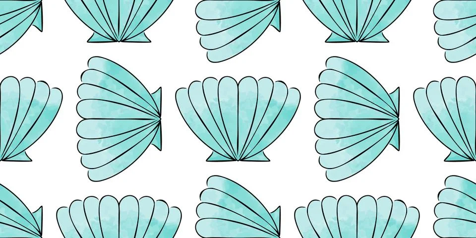 Blue Shell Pattern with Watercolor. Seamless print. Seashell, mollusk, marine Stock Illustration