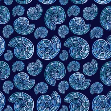 Blue shells seamless pattern. Nautical spiral background . Seashells pattern  Illustrazione stock