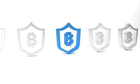 Blue Shield with bitcoin icon isolated on white background. Cryptocurrency .. Illustrazione stock