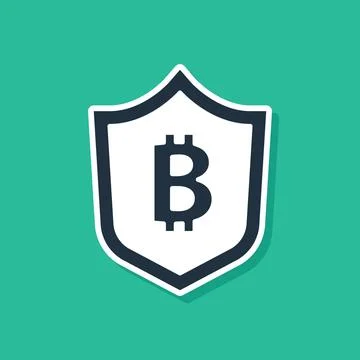 Blue Shield with bitcoin icon isolated on green background. Cryptocurrency mi Stock Illustration