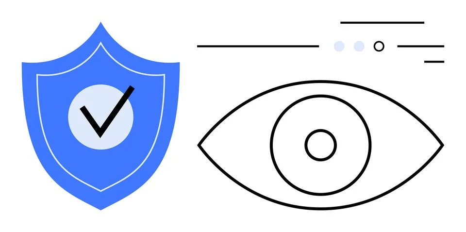 Blue shield with check mark and black outlined eye surrounded by lines and do Stock Illustration