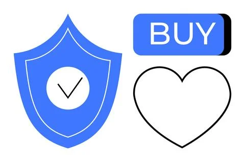Blue Shield with Check Mark, Buy Button, and Heart Shape Representing Secur.. 스톡 일러스트