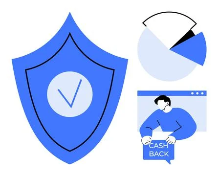 Blue shield with check mark for security, pie chart for data analysis, and pe Stock Illustration