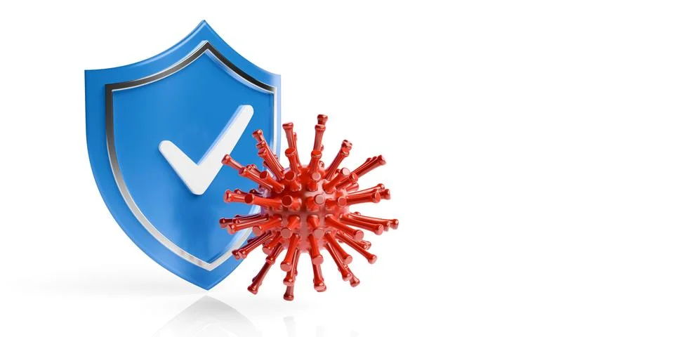 Blue shield with checkmark and red virus over white background, virus prote.. Stock Illustration