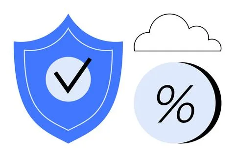 Blue shield with checkmark, black outlined cloud, and percentage symbol. Idea Stock Illustration