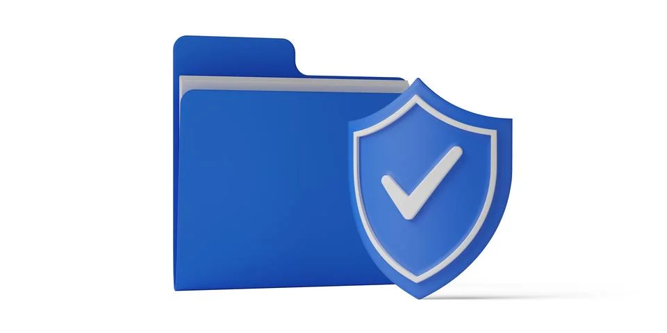 Blue shield with checkmark in front of blue folder over white background, d.. Ilustración de archivo