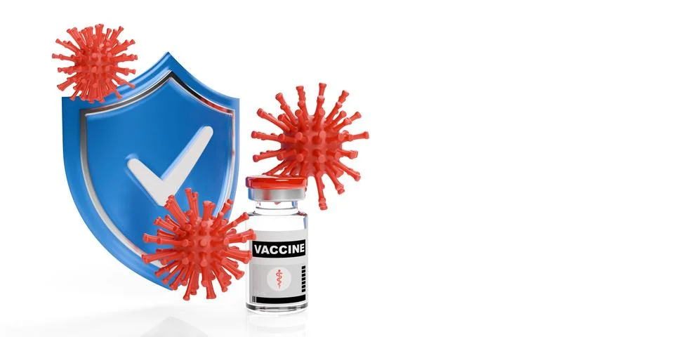Blue shield with checkmark, red viruses and vaccine vial over white backgro.. Stock Illustration