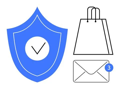 Blue shield with checkmark for security, shopping bag illustrating e-commerce Stock Illustration