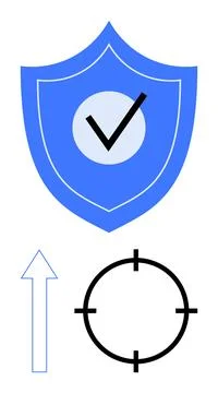 Blue shield with checkmark symbolizing security, arrow representing progress, Ilustración de archivo