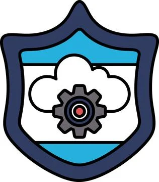 A blue shield with a cloud and a gear on it Stock Illustration