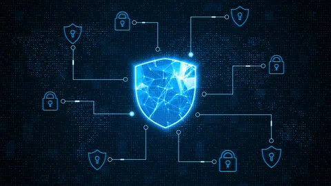 Blue shield with connection and data transfer to icon futuristic technology Stock Footage 152674181