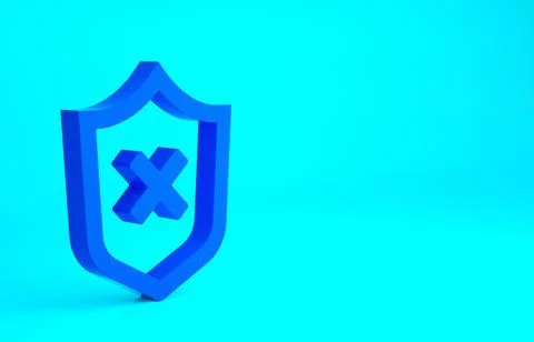 Blue Shield with cross mark icon isolated on blue background. Shield and reje Illustrazione stock
