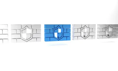 Blue Shield with cyber security brick wall icon isolated on white backgroun.. Stock Illustration