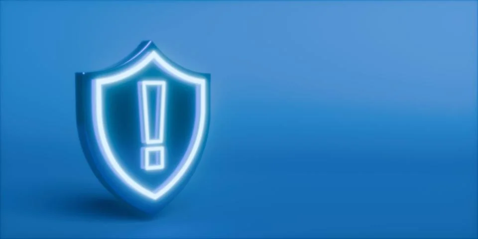 Blue shield with exclamation mark standing on blue background with copy spa.. Stock Illustration