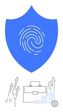 Blue shield with fingerprint represents digital security, accompanied by busi Stock Illustration