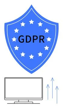 Blue shield with GDPR text and stars, black computer monitor and upward arrow イラスト素材