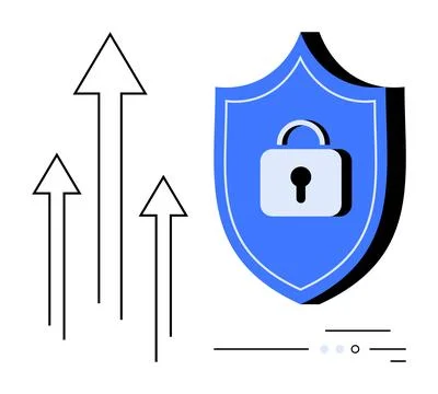 Blue shield with gray lock, four rising arrows, minimalistic style. Ideal for Stock Illustration