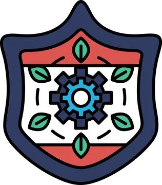A blue shield with a green leaf and a red circle with a gear in the middle Stock Illustration