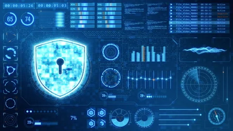 Blue shield with head up display background and futuristic technology background Video stock 153275720