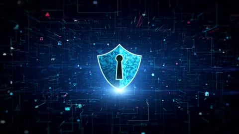 Blue Shield Icon Cyber Security, Digital Data Network Protection, Future Tech Stock Footage 221160418