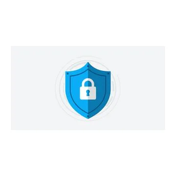 Blue shield icon with white lock on gray background Stock Illustration