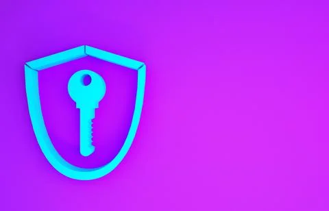 Blue Shield with key icon isolated on purple background. Protection and secur Stockillustratie