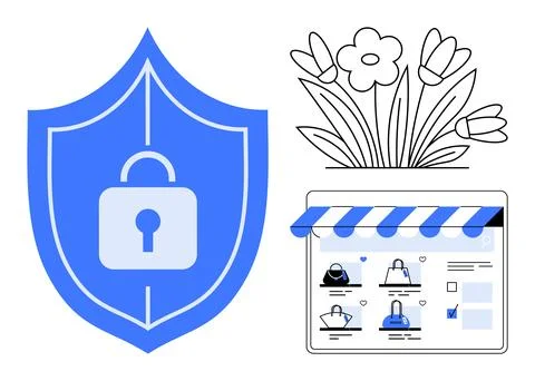 Blue shield with lock symbol, e-commerce site with product thumbnails, and fl Stock Illustration