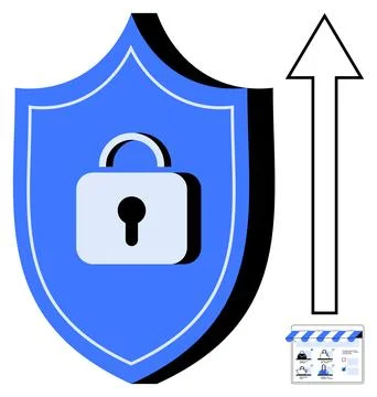 Blue shield with a lock symbol represents security, adjacent to an upward arr Illustrazione stock