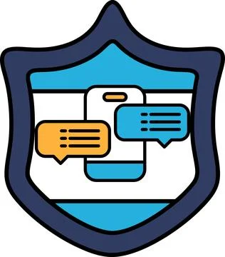 A blue shield with a phone and a chat bubble on it Stock Illustration