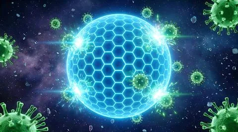 Blue shield protecting against green viruses in space Stock Illustration