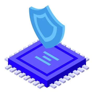 Blue shield protecting microchip, data protection concept Illustrazione stock