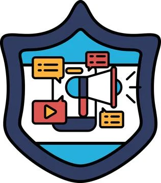 A blue shield with a red and yellow speech bubble with a microphone and a red Stock Illustration