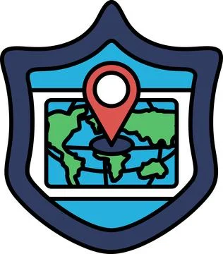 A blue shield with a red dot on it and the word "map" on it Stock Illustration