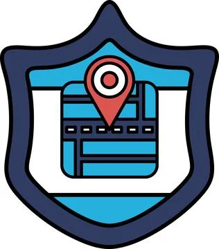 A blue shield with a red dot in the middle and a map of a street Stock Illustration